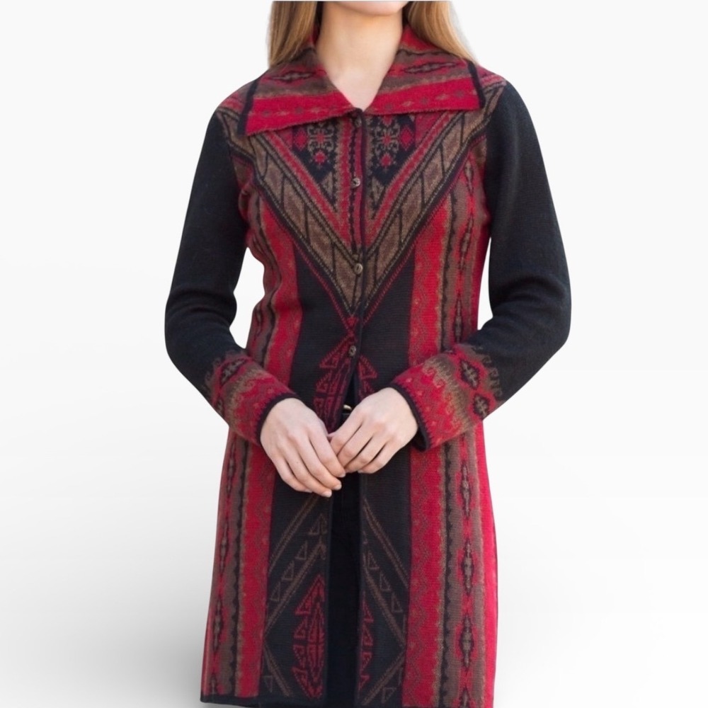 Caamano 100% Alpaca Southwestern Long Line Knit Cardigan Sweater Jacket M/L